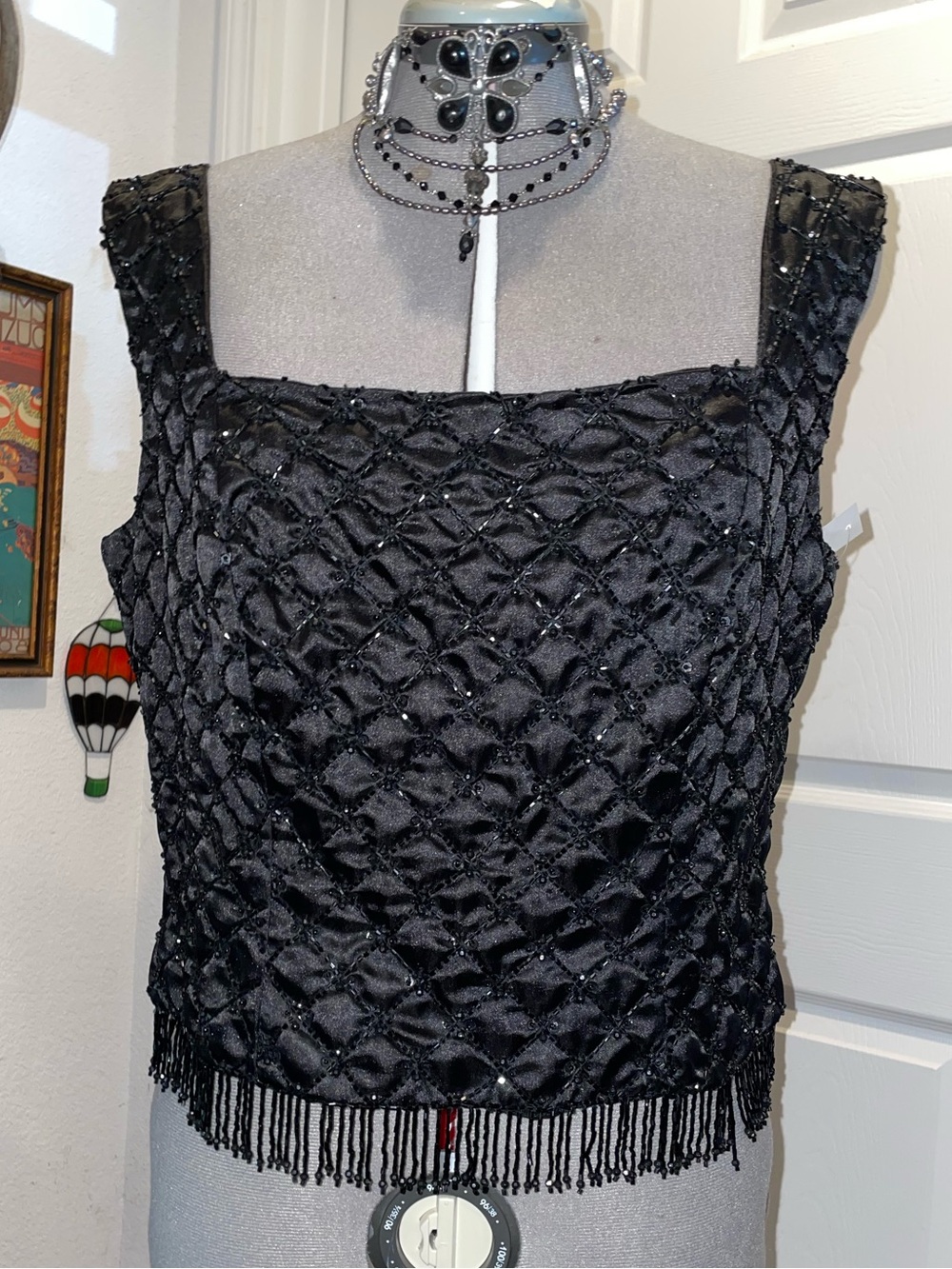 Black Beaded Textured Camisole with Fringe